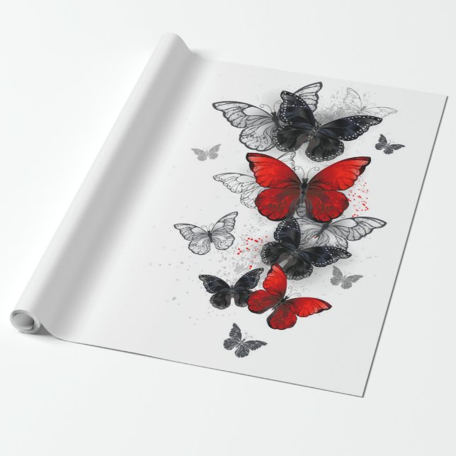 Papier Cadeau Papillons noirs et rouges volants (Déroulé)