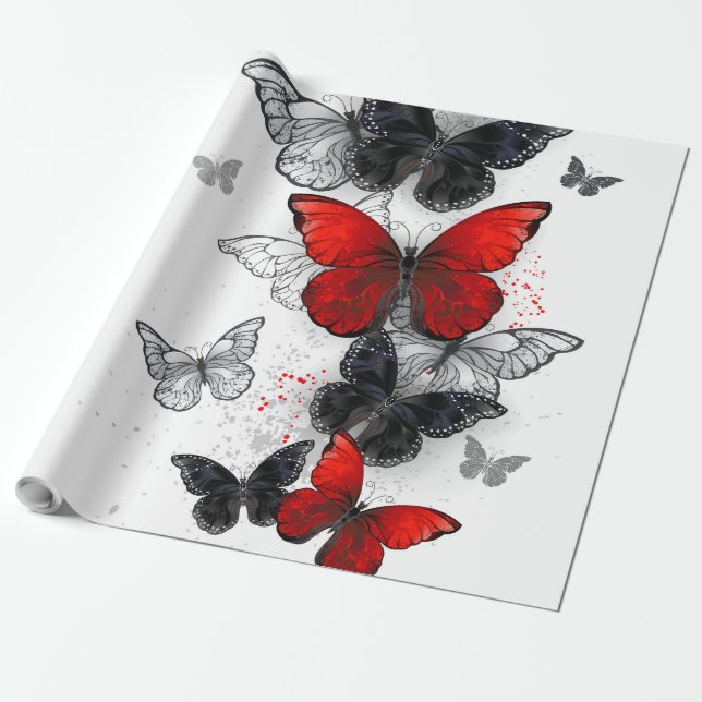 Papier Cadeau Papillons noirs et rouges volants (Déroulé)
