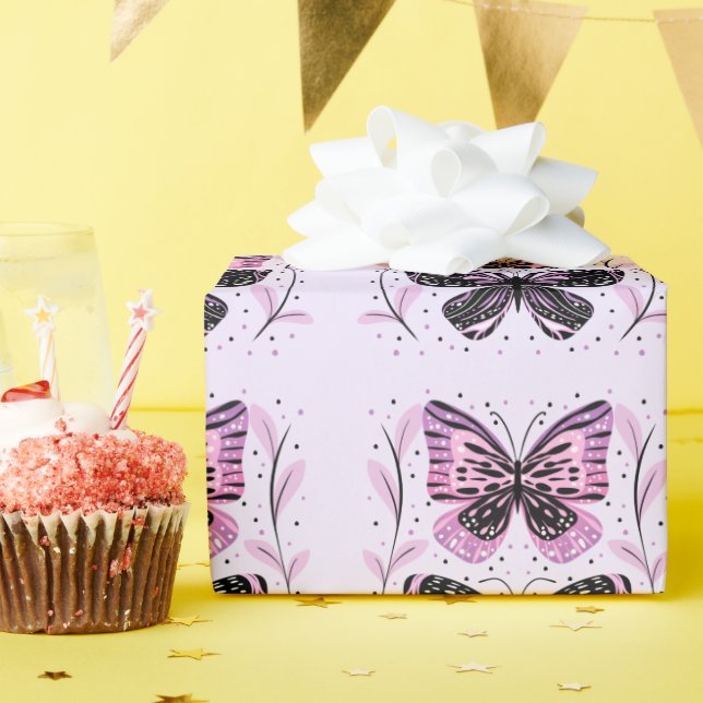 Papier Cadeau Papillons noirs, roses, violets (Fête d'anniversaire)