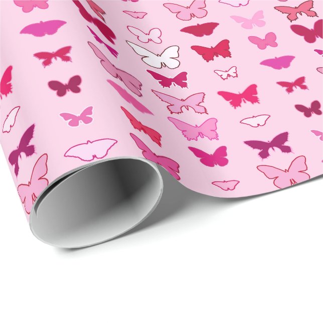 Papier Cadeau Papillons, nuances de rose et de fuchsia (Coin rond)