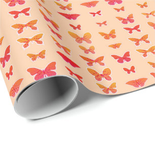 Papier Cadeau Papillons, or, corail, arrière - plan orange doux