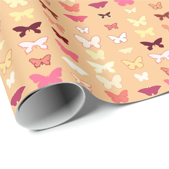 Papier Cadeau Papillons, orange, jaune et corail (Coin rond)