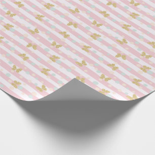 Papier Cadeau Papillons Parties scintillant d'or Pink Stripes Gi