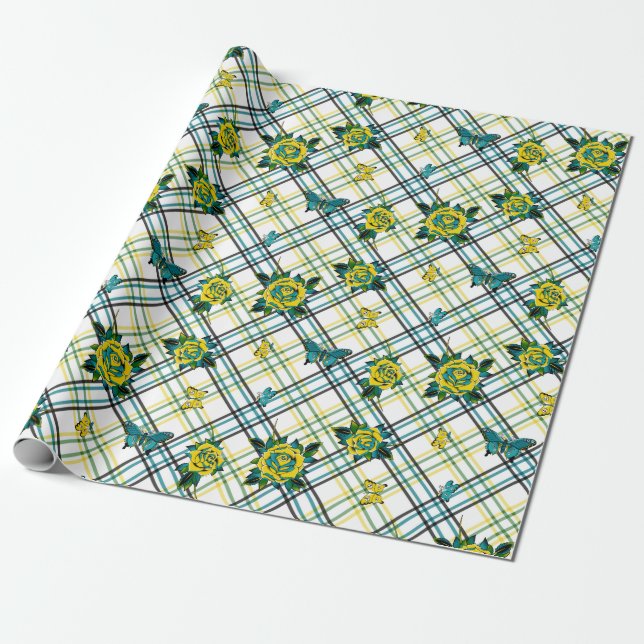 Papier Cadeau Papillons Rose de tatouage Turquoise jaune Plaid (Déroulé)
