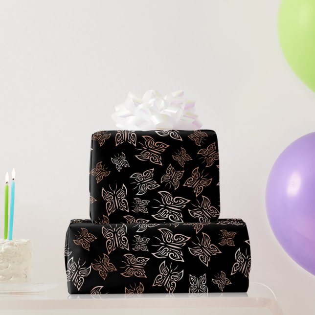 Papier Cadeau Papillons rose Gold Arrière - plan noir (Cadeaux de fête)
