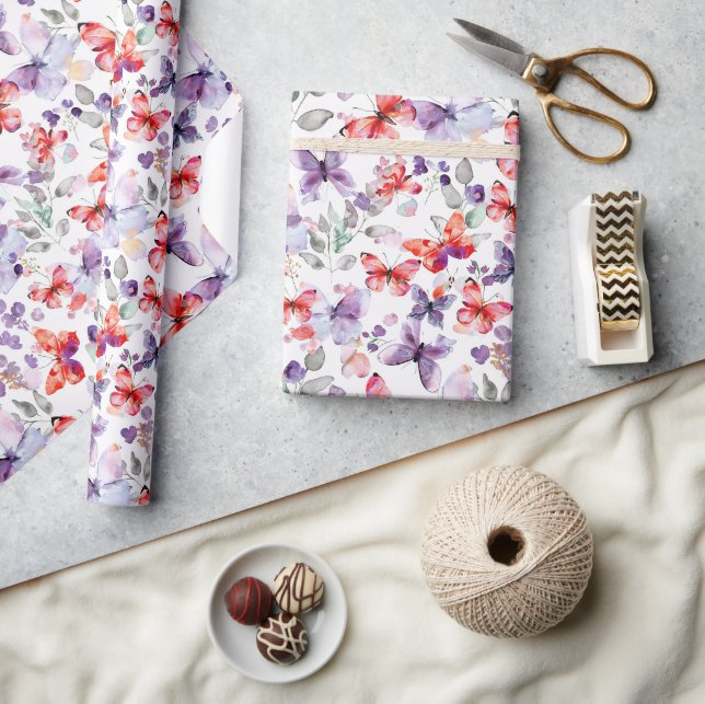 Papier Cadeau Papillons Rouge Violet Anniversaire (Artisanat)