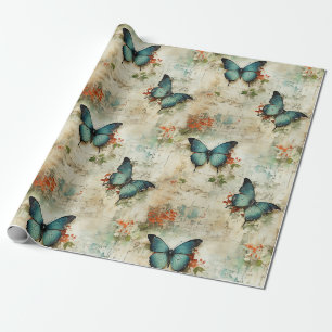 Papier Cadeau Papillons turquoise vintage Floral rustique