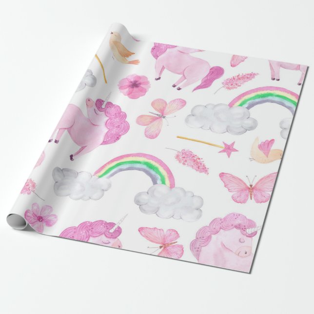 Papier Cadeau Papillons Unicorne rose Fille mignonne (Déroulé)