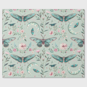 Papier Cadeau Papillons verts aquarelle florale