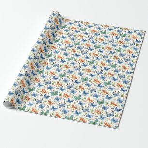 Papier Cadeau Papillons verts jaunes bleus et fleurs