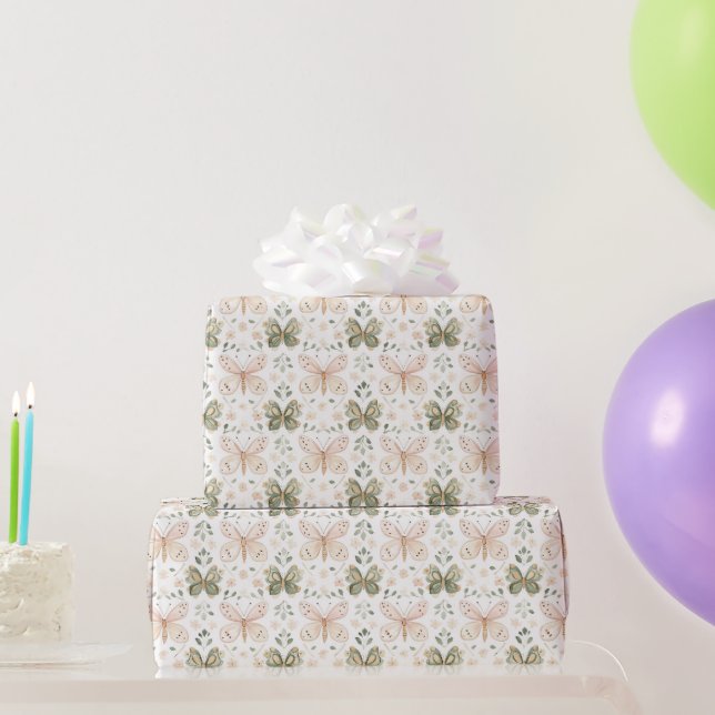 Papier Cadeau Papillons verts roses d'anniversaire (Cadeaux de fête)