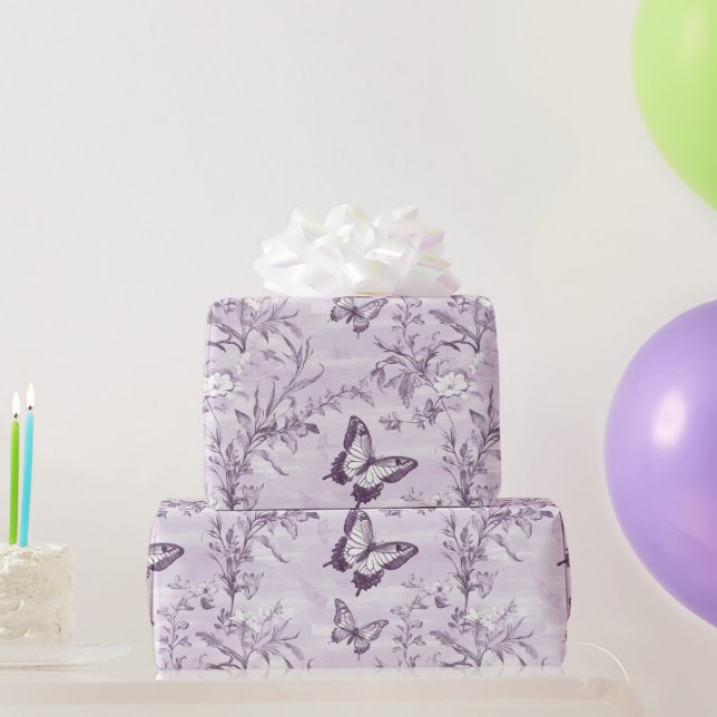 Papier Cadeau Papillons violets de mariage sur fond violet (Cadeaux de fête)