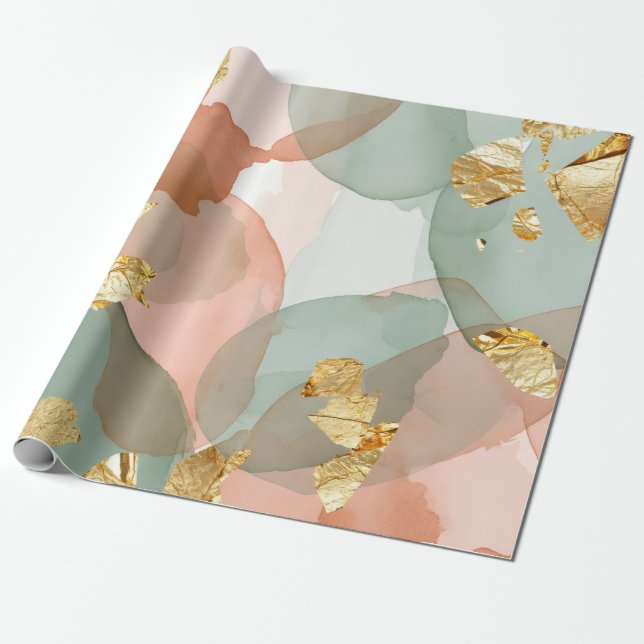 Papier Cadeau Pâques feuille d'or pêche et menthe  (Déroulé)