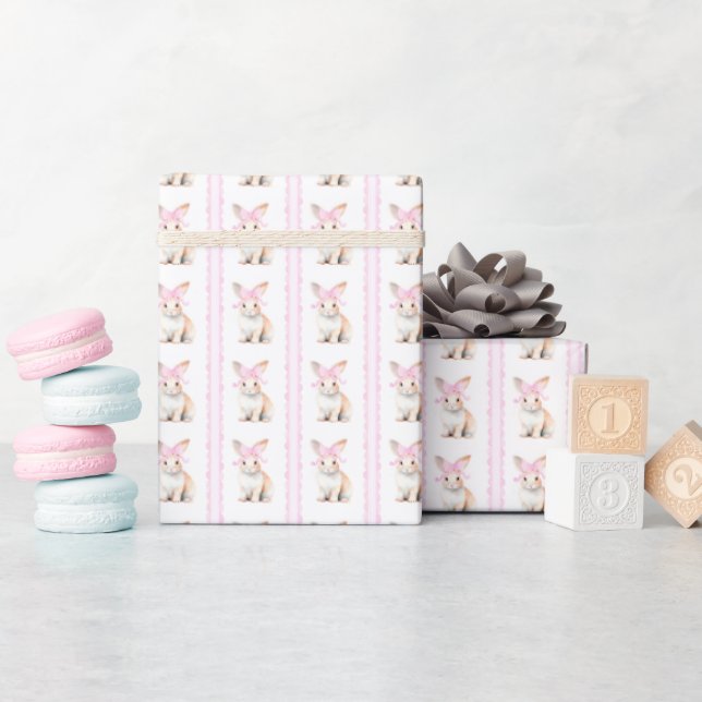 Papier Cadeau Pâques lapin aquarelle avec pétoncle rose (Baby Shower)