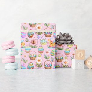 Papier Cadeau Pâques Paniers et Oeufs Motif - rose doux