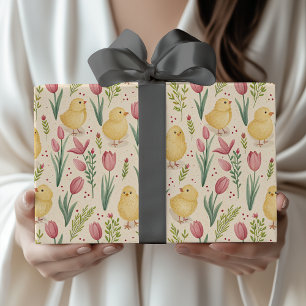 Papier Cadeau Pâques vintage poussins jaunes mignons tulipes rou