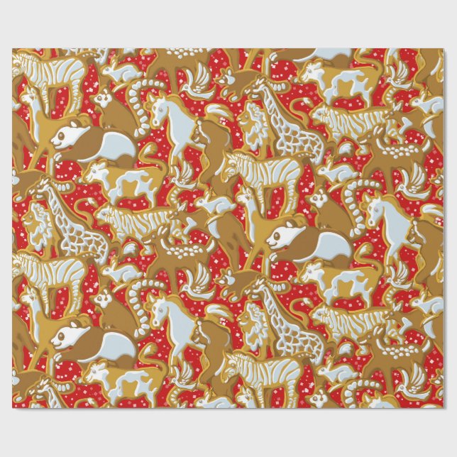 Papier Cadeau Parade des animaux en pain d'épices de Noël (Plat)