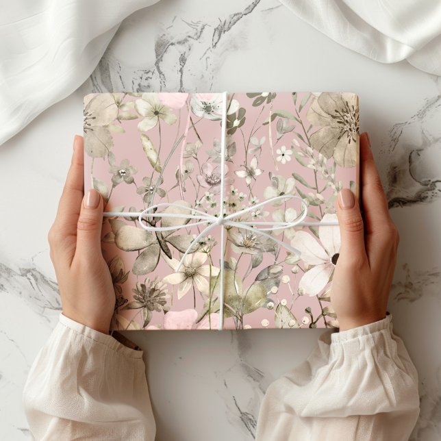 Papier Cadeau Paradis fleuri rose châtaigne pâle romance (Créateur téléchargé)