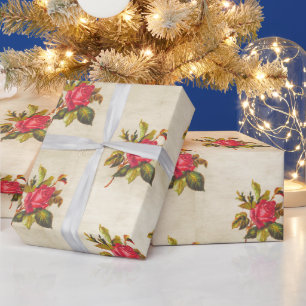 Papier Cadeau Parchemin vintage avec motif Floral Rose rouge