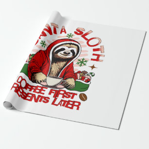 Papier Cadeau Paresseux de Noël buvant du café 