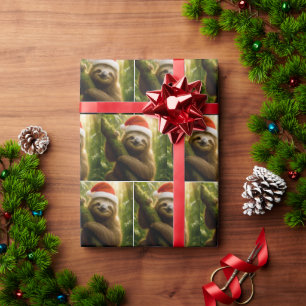 Papier Cadeau Paresseux de Noël portant un chapeau de Père Noël