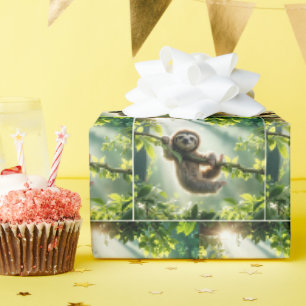 Papier Cadeau Paresseux mignon suspendu à une branche dans des r