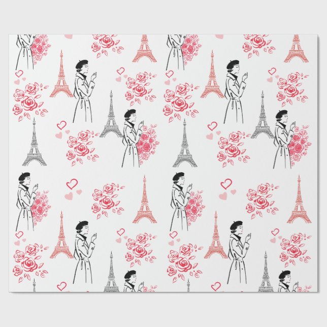 Papier Cadeau Paris Love Pattern – Eiffel Tower & Roses Seamless (Plat)