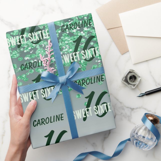 Papier Cadeau Parkling Sweet 16 Parties scintillant verte tomban (Cadeaux)