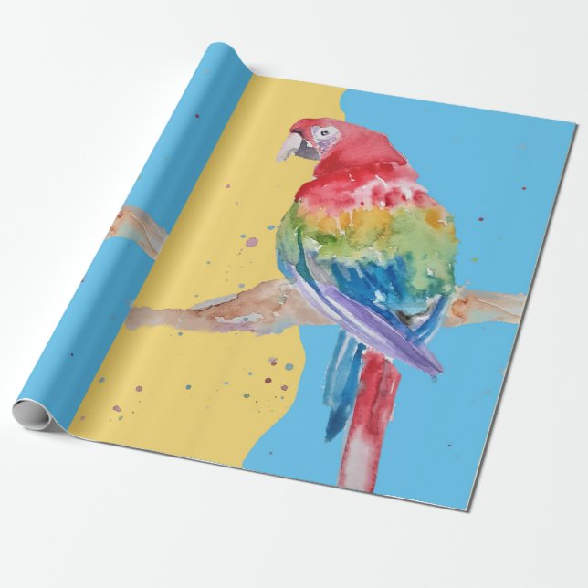 Papier Cadeau Parrot bleu Jaune Garçons Aquarelle Art Parrots (Déroulé)
