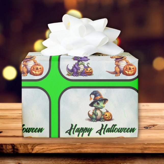 Papier Cadeau Parti Dino-Mash d'Halloween (Halloween Dino Wrapping Paper with green trim and font)