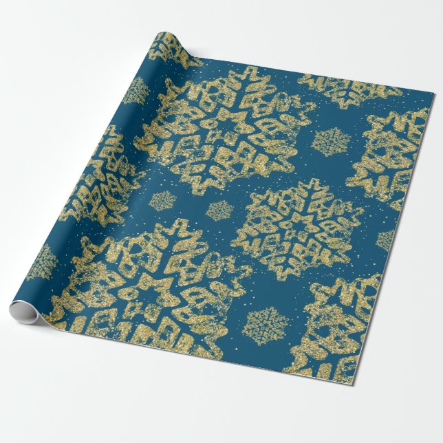 Papier Cadeau Parties scintillant de Noël Gold Snowflake Navy Bl (Déroulé)