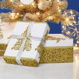 Papier Cadeau Parties scintillant d'or avec arbre de Noël en Fil