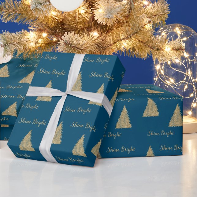 Papier Cadeau Parties scintillant d'or bleu hiver Arbres de Noël (Vacances)