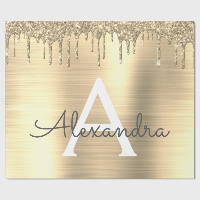 Papier Cadeau Parties scintillant d'or brossé Nom du monogramme  (Plat)