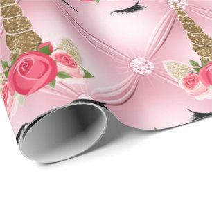 Papier Cadeau Parties scintillant d'or et rose Roses Unicorn fêt