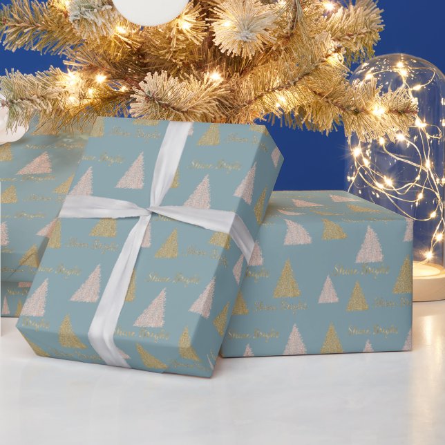 Papier Cadeau Parties scintillant d'or gris bleu brillant arbres (Vacances)