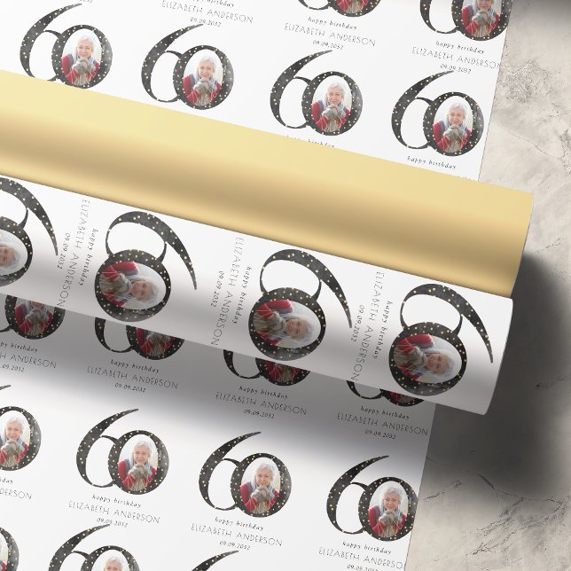 Papier Cadeau Parties scintillant d'or noir photo 60e anniversai (Créateur téléchargé)