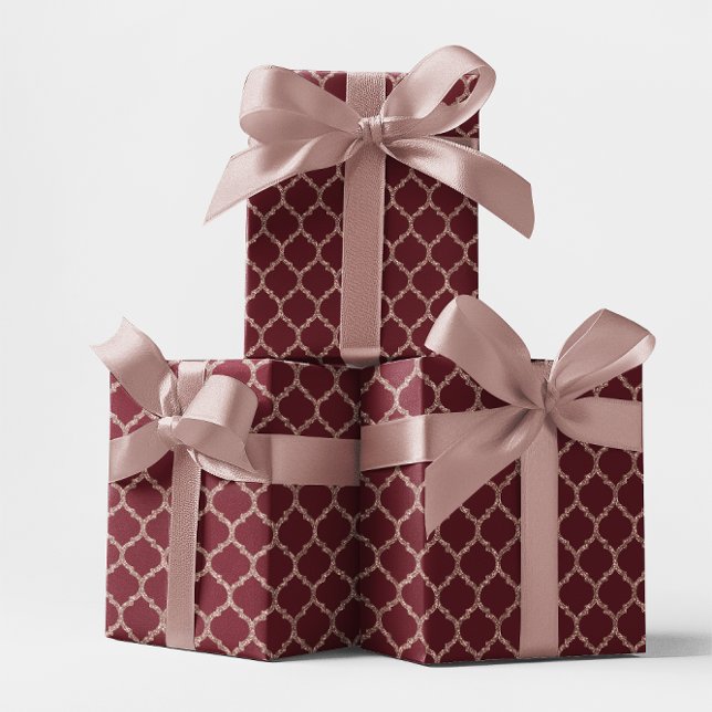Papier Cadeau Parties scintillant d'or Rose Faux et Quatrefoil B (Faux Rose Gold Glitter and Burgundy Quatrefoil Wrapping Paper)
