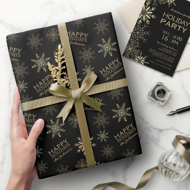 Papier Cadeau Parties scintillant d'or Snowflakes Joyeux Fêtes N (Créateur téléchargé)