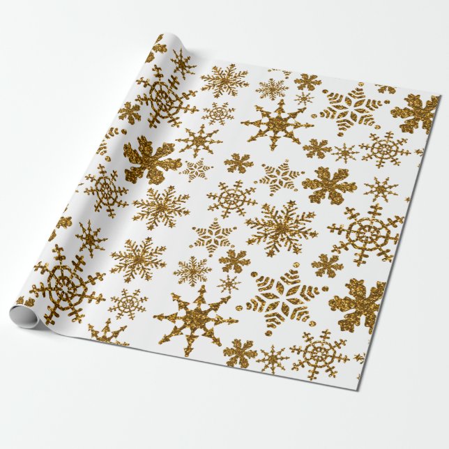 Papier Cadeau Parties scintillant d'or Snowflakes Motif de Noël (Déroulé)