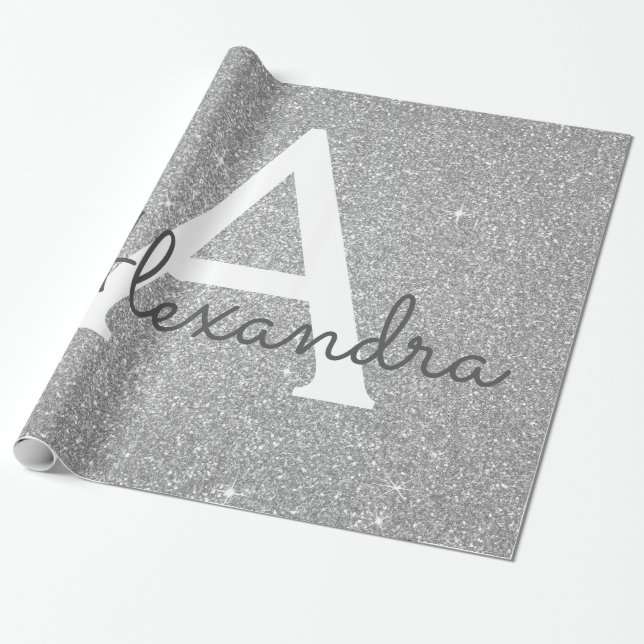 Papier Cadeau Parties scintillant en argent de luxe et Monogramm (Déroulé)