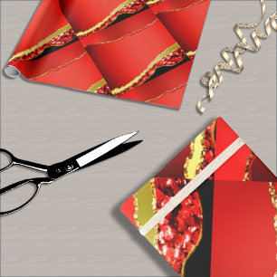 Papier Cadeau Parties scintillant & or, bord déchiré en rouge,