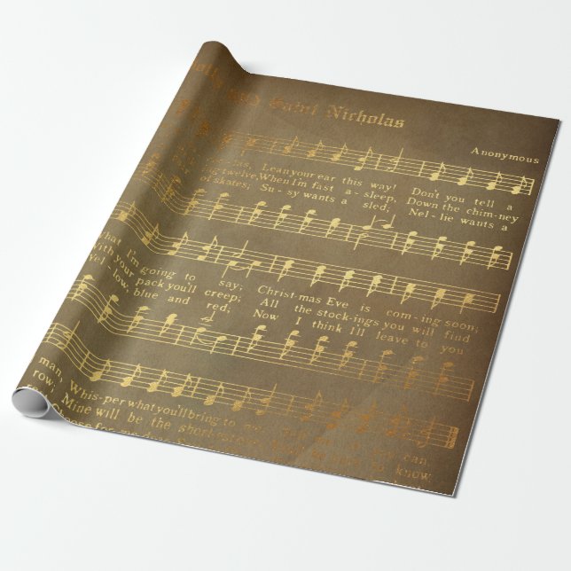 Papier Cadeau Partitions de Noël dorées vintage (Déroulé)