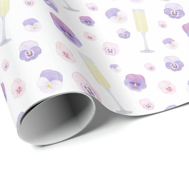 Papier Cadeau Passez Rose Purple Aquarelle Pétales Et Prosecco (Coin rond)