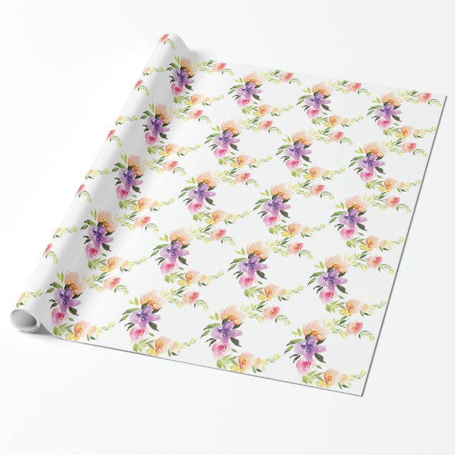 Papier Cadeau Pastel Aquarelles Floral Wreath Motif (Déroulé)