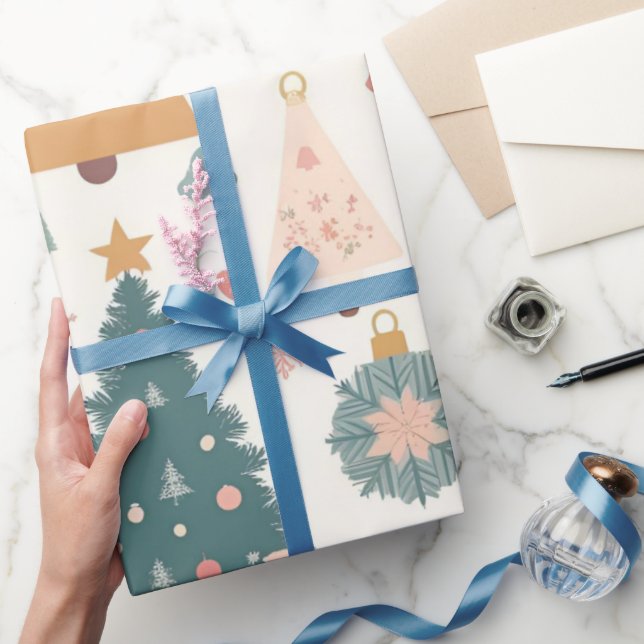 Papier Cadeau Pastel Arbre de Noël Ornements Fêtes (Cadeaux)