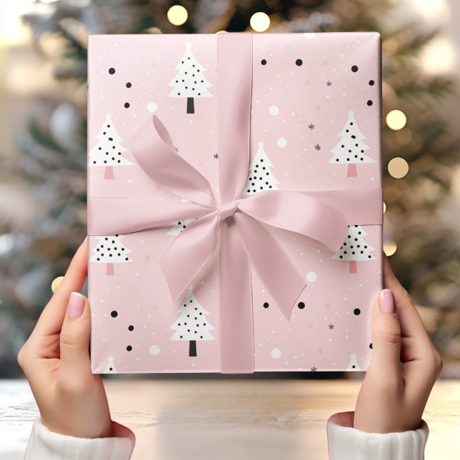 Papier Cadeau Pastel Arrière - plan rose avec arbre de Noël blan (Créateur téléchargé)