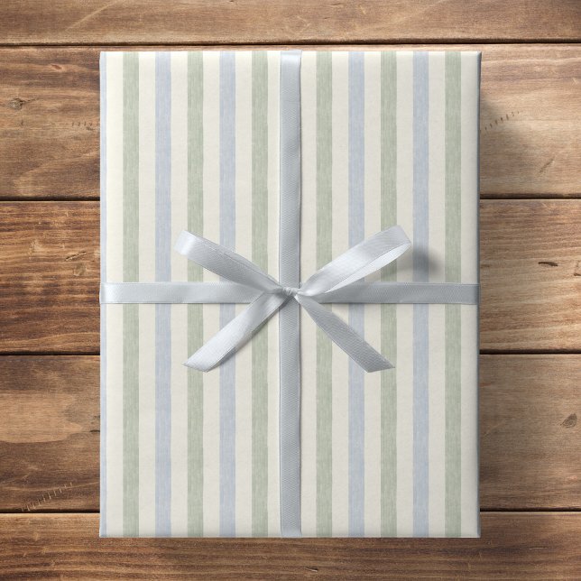 Papier Cadeau Pastel Bleu Clair Sage Vert Beige Rayure Bohème (Créateur téléchargé)