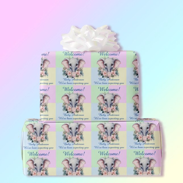 Papier Cadeau Pastel Blue Pink Baby shower Ajouter Nom Elephant (Créateur téléchargé)