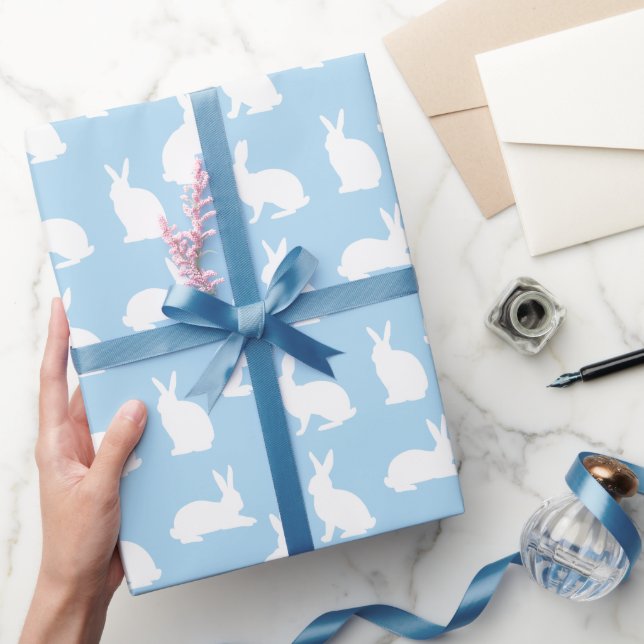 Papier Cadeau Pastel Blue With White Bunny Pattern Cute Easter (Cadeaux)